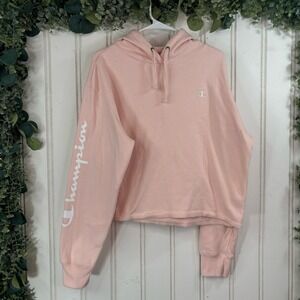 Champion Pink Hoodie Sweatshirt Long‎ Sleeve Cropped Logo Pullover Women's XL